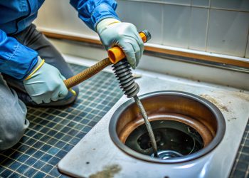 Technician Unclogging Drain with Snake or Plunger